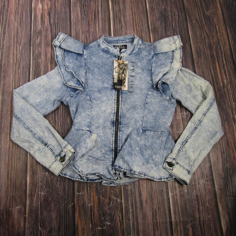 Thrill Jeans Womens Medium Blue Denim Ruffle Zip Top Long Sleeve Acid Wash Y2K